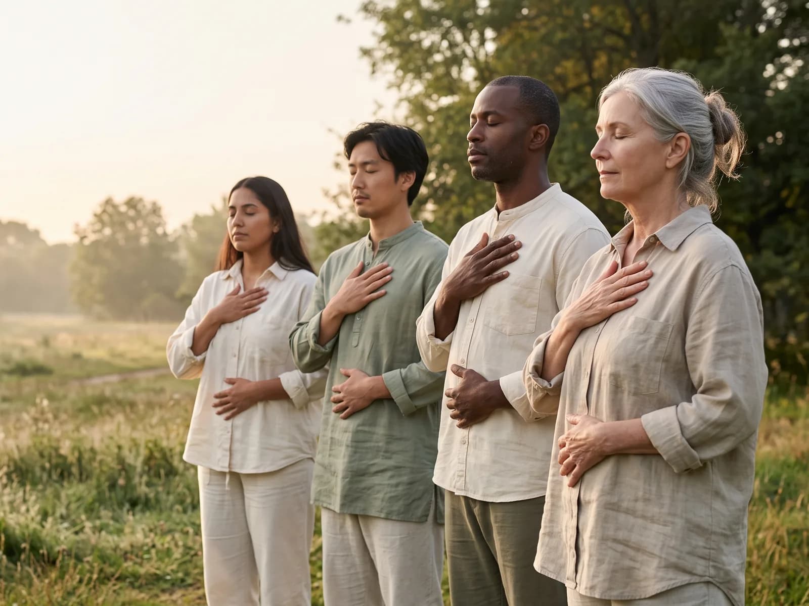 Four adults of different ages standing in a meadow at sunrise, eyes closed, one hand on the chest and one on the belly, breathing slowly