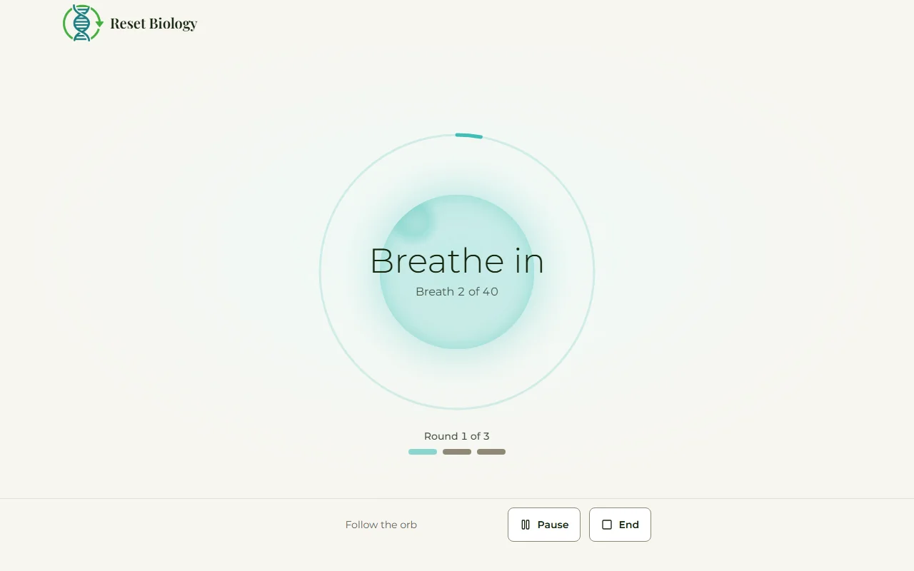 The breathing trainer in focus mode: a soft teal orb that says Breathe in, Breath 2 of 40, Round 1 of 3, with Pause and End in the bar below